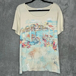 IB Diffusion 2X Shirt Top Yellow Floral Landscape Short Sleeve Scoop Neck Cotton